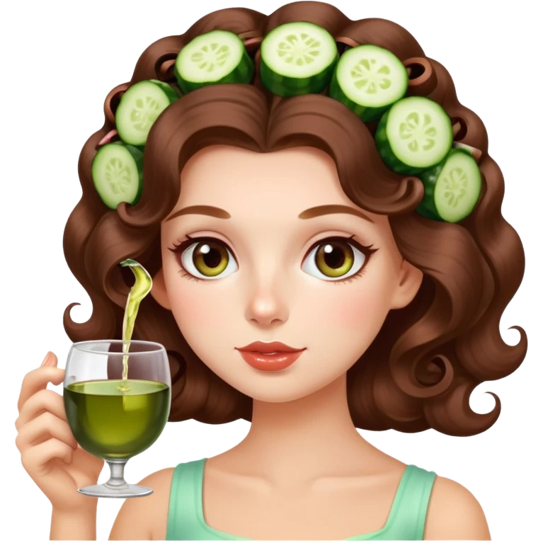 Beautiful girl with long brown hair with curlers in hair and cucumber on eyes, sipping wine from teacup emoji