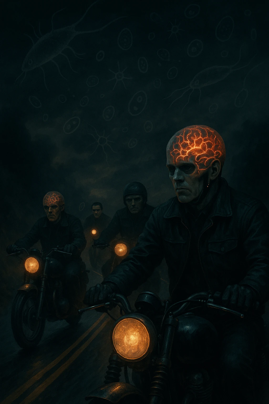 Gruppo di motociclisti su strada, volti impassibili o con espressioni rischiose e prive di paura, mentre affrontano curve pericolose. Atmosfera surreale, con ombre o simboli astratti che rappresentano la toxoplasmosi (come parassiti invisibili nel cervello). Effetti visivi sul cranio o sulla testa che mostrano come l’infezione alteri il senso del pericolo. Scene dinamiche ma inquietanti, cielo scuro e simbolismo neurologico. emoji