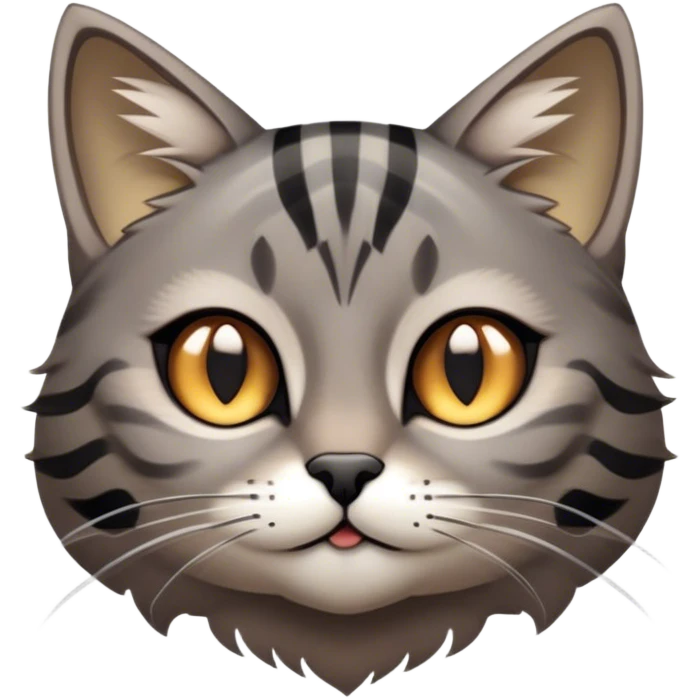 Cinematic Cute Grey and Black Brown Tabby Cat Portrait Emoji, Head tilted playfully and inquisitively, sleek grey-brown fur with bold black tabby stripes and a distinctive M-shaped marking on the forehead, sparkling amber eyes, Simplified yet irresistibly adorable features, highly detailed, glowing with a warm, friendly glow, high shine, affectionate and curious, stylized with a touch of whimsy, bright and endearing, soft glowing outline, capturing the essence of a mischievous yet loving kitten, so playful it feels like it could pounce out of the screen and into your arms! emoji