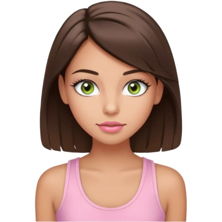 Create a teen girl wearing a light pink tank top. She will have brunette hair, tan skin, pink lips, and grey-green eyes. She has long eyelashes. emoji