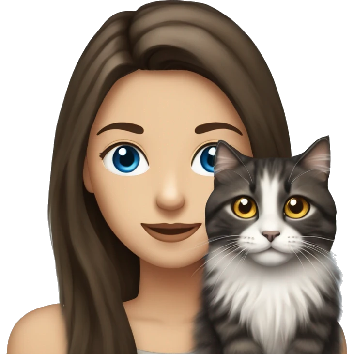 long straight haired blue eyed brunette woman holding norwegian forest cat with amber eyes emoji