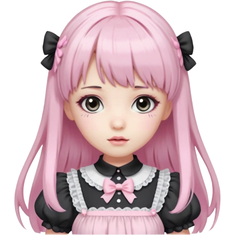 pale girl with straight, long black and baby pink swirled hair with bangs, grey eyes, doll-like makeup, wearing a light pink lolita hime gyaru dress emoji