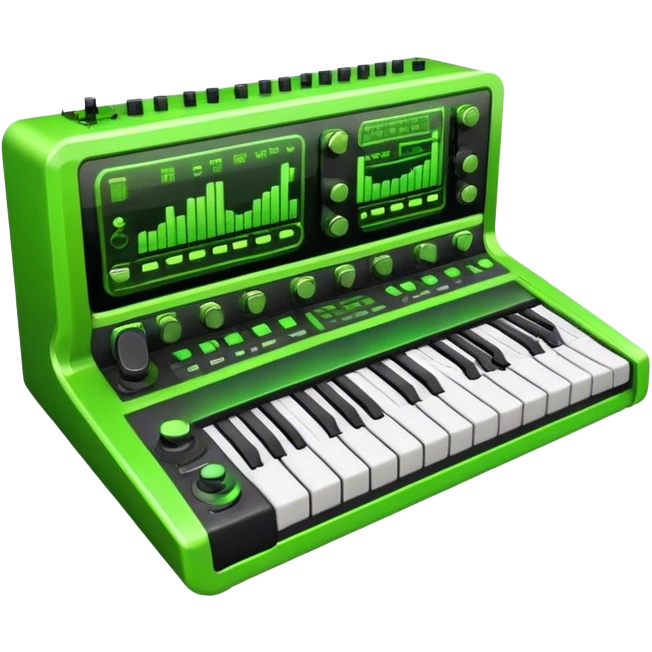 Create a creative and technical emoji that represents sound design. The design should feature a sound mixing console, audio waveforms, and sound effects icons (like a reverb or delay knob) to symbolize the manipulation and crafting of sound. Add elements like a synthesizer or audio interface to reflect the electronic aspect of sound creation. Use colors like neon green, blue, or purple to represent the innovative and experimental nature of sound design. The background should be transparent. emoji