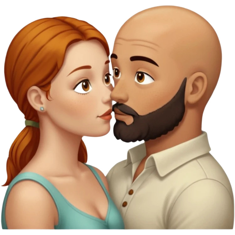 Couple. Bald man with dark brown-black beard. White woman with many small, faded freckles, she has white skin and she has auburn-yellow-brown-cinnamon, dark long hair. She has light brown eyes. The man have hazel eyes. Retro style. They kiss. emoji