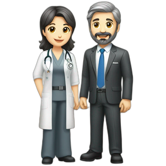 husband caucasian dark gray hair trimmed beard wearing business suit holding bible, wife asian age 55 dark hair nurse uniform, no children emoji