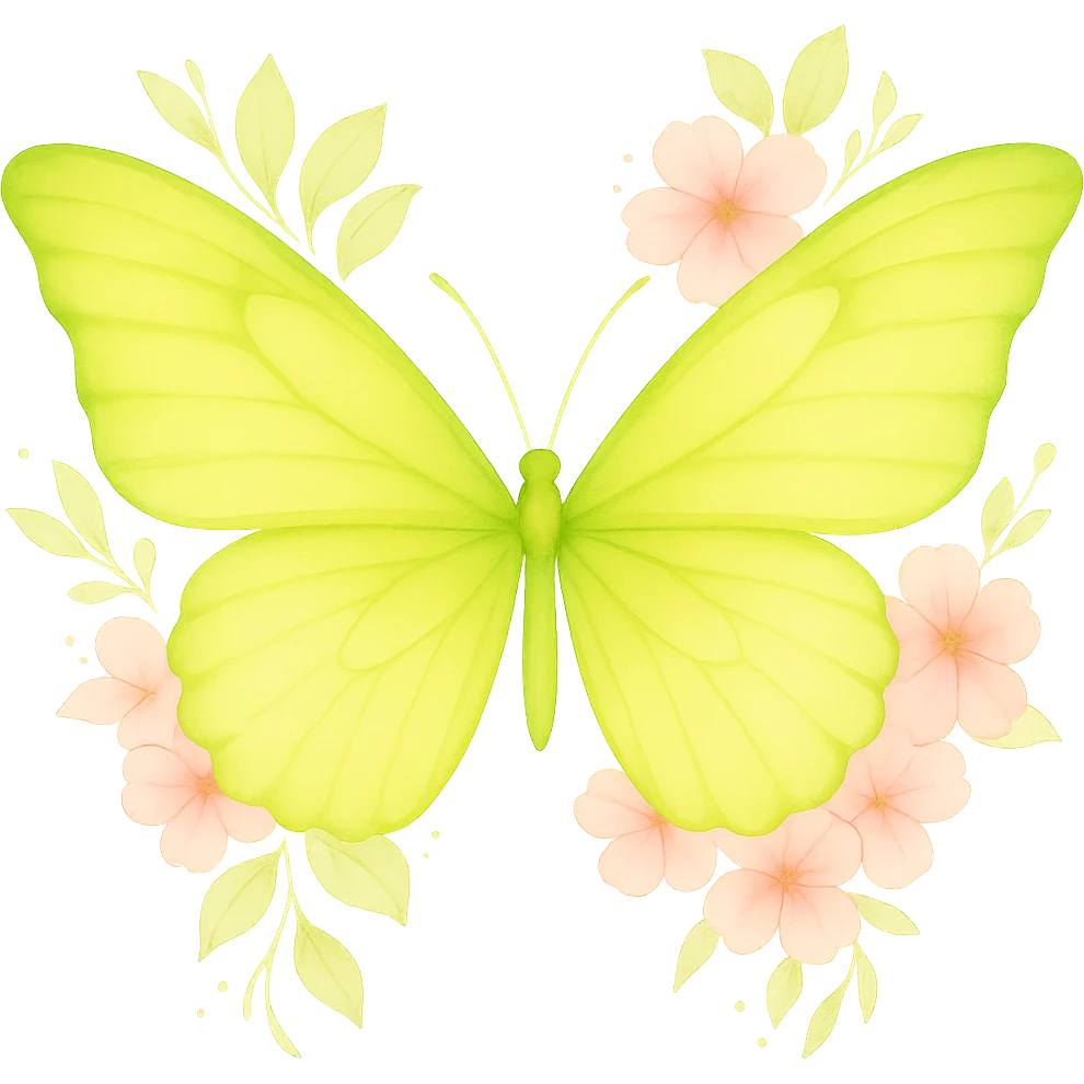 Create a one-to-one butterfly as in the example image with main colors brightened to #c0ff53 green and pink. Include all flowers and details exactly as in the example. Use a watercolor art style with stronger glow effect and brighter colors. Remove the background. emoji