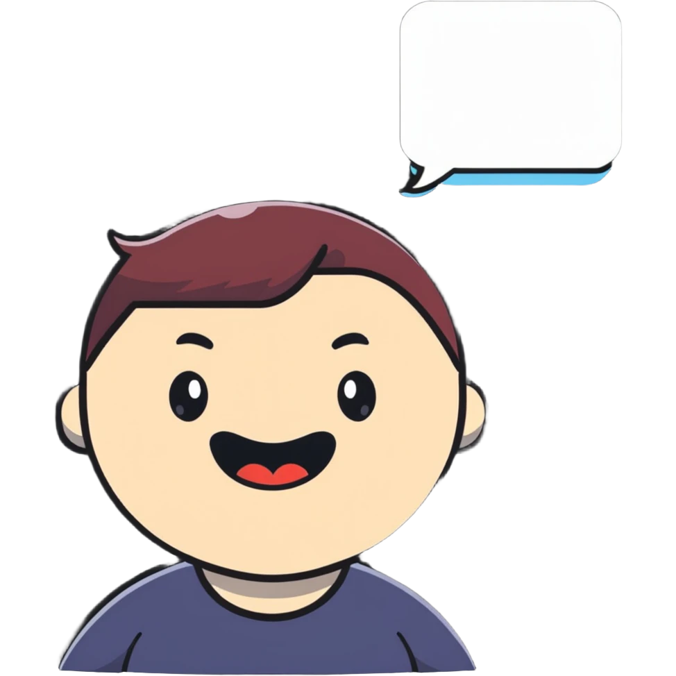 white man character with mouth open, speech bubble with 'me happy' emoji