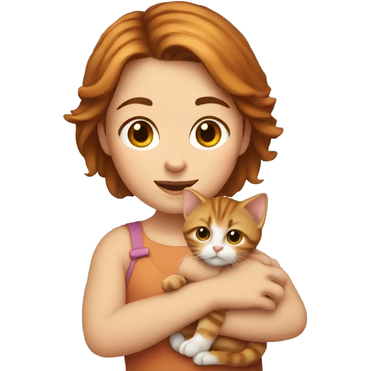 Girl with short brown hair holding tiny ginger kitten  emoji
