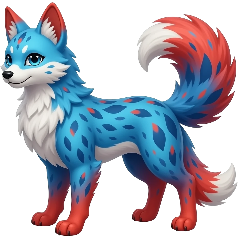 Feral Rare Fantasy vibrant cyan-cobalt-blue-crimson-red-gradients-colored colorful Vernid-Sergal-Genet-Trico-species by LiLaiRa, random markings, tufted tail, tufted ears, full body emoji