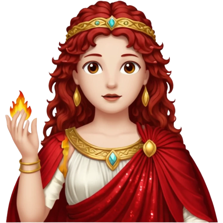 Vesta, Goddess of Hearth from Roman Deities with long dark red wavy hair, red sequin toga  emoji