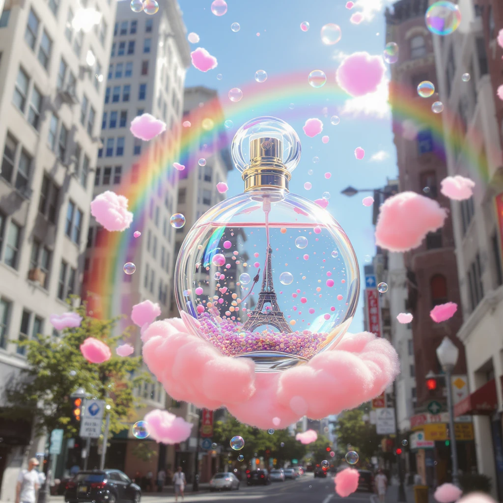 Cinematic still perfume inside bubbles flying around San Francisco downtown, sunny summer day, happy vibe, colorfull surround, rainbow, small cute pink clouds around emoji