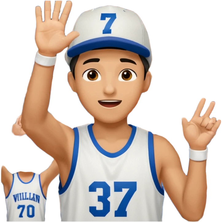 Maverick Trevillian in the crowd at an amateur basketball game. He leans towards the camera and enthusiastically shouts "six seven while performing a distinctive hand gesture: both hands open, palms facing upward, moving up and down as if weighing two options. emoji