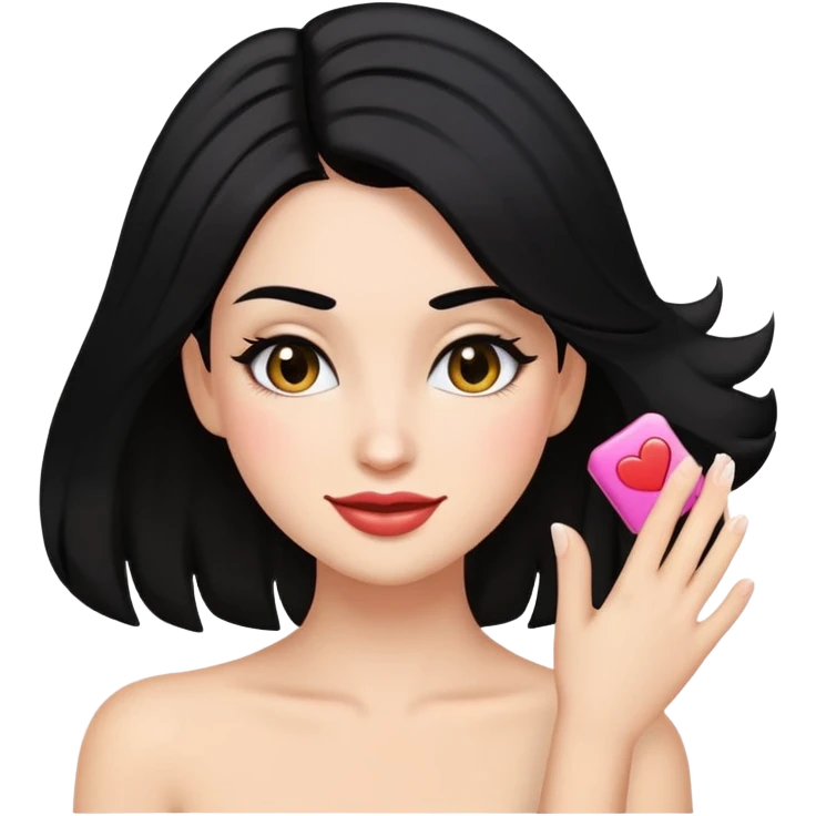 flirty smirk face glancing down with makeup, black hair, hand running through hair, more emoji-like emoji