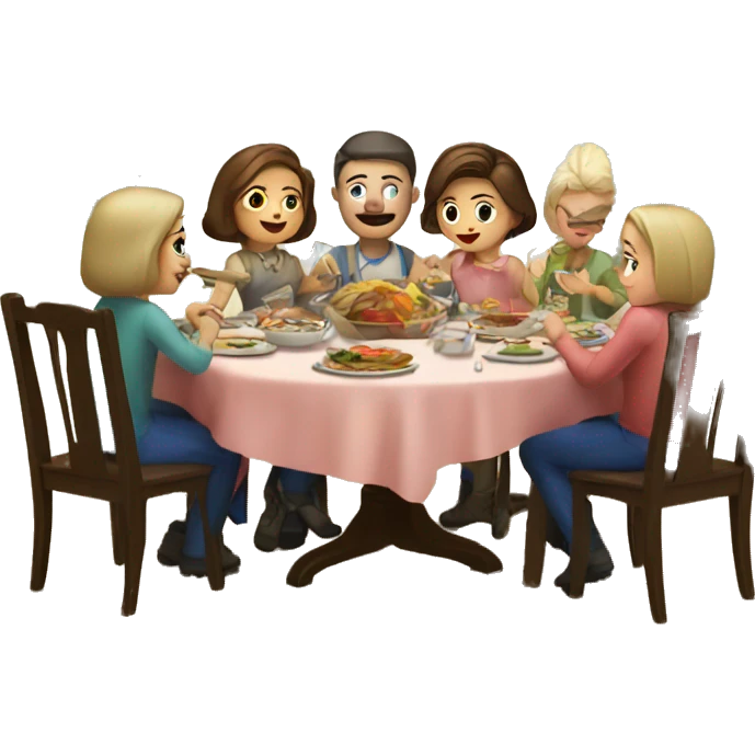 Russian family of 7 members eating dinner together at kitchen table emoji