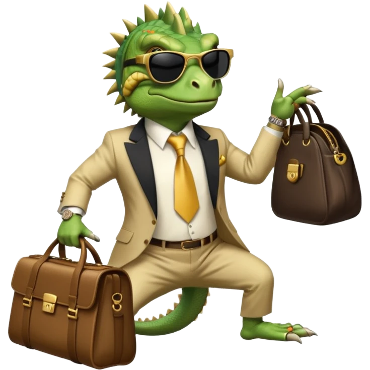 capitalist iguana banker godfather with black sunglasses breakdance with bag emoji