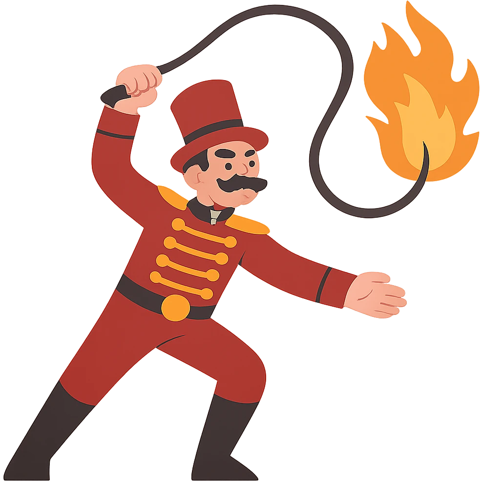 flat toon style vintage circus performer with a fire whip, no background emoji