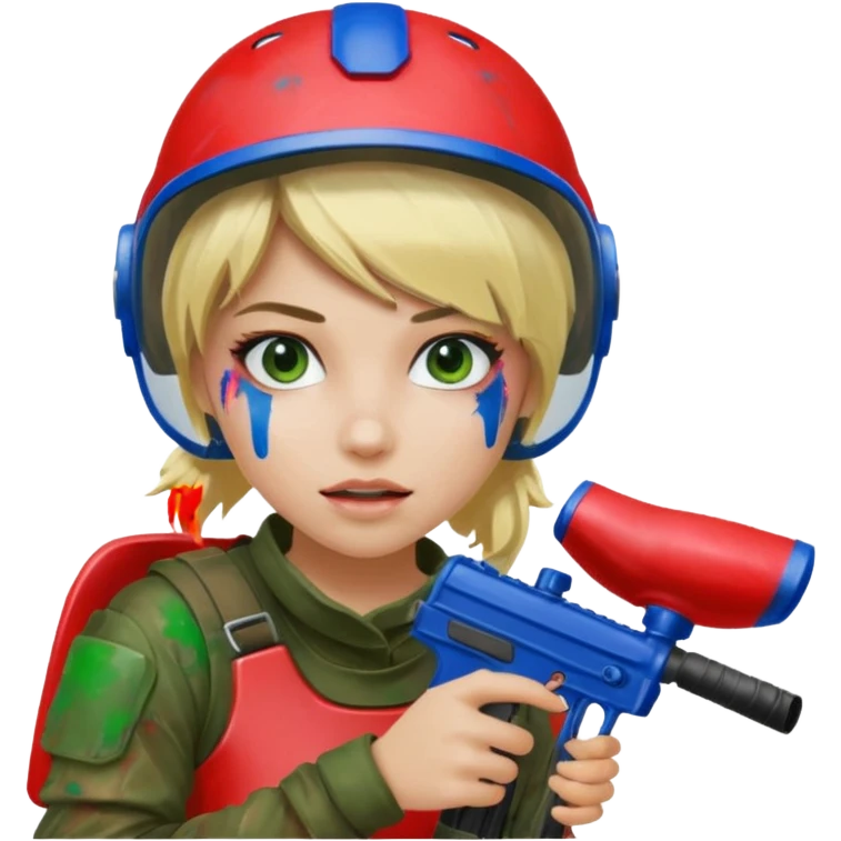 blond girl playing paintball with red paintball helmet, only face emoji