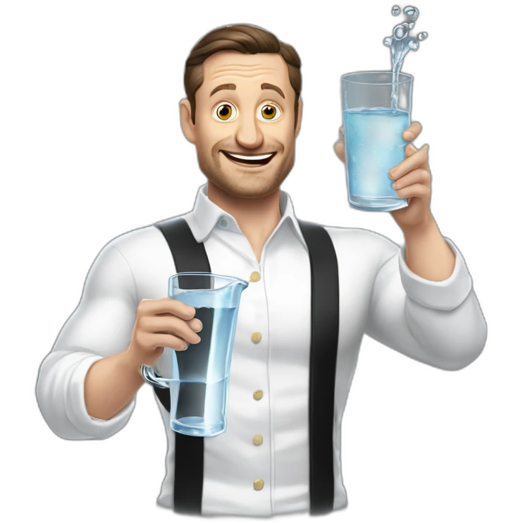 tim robinson dark black slicked back hair white long underwear waffle shirt pouring water from glass onto steak emoji
