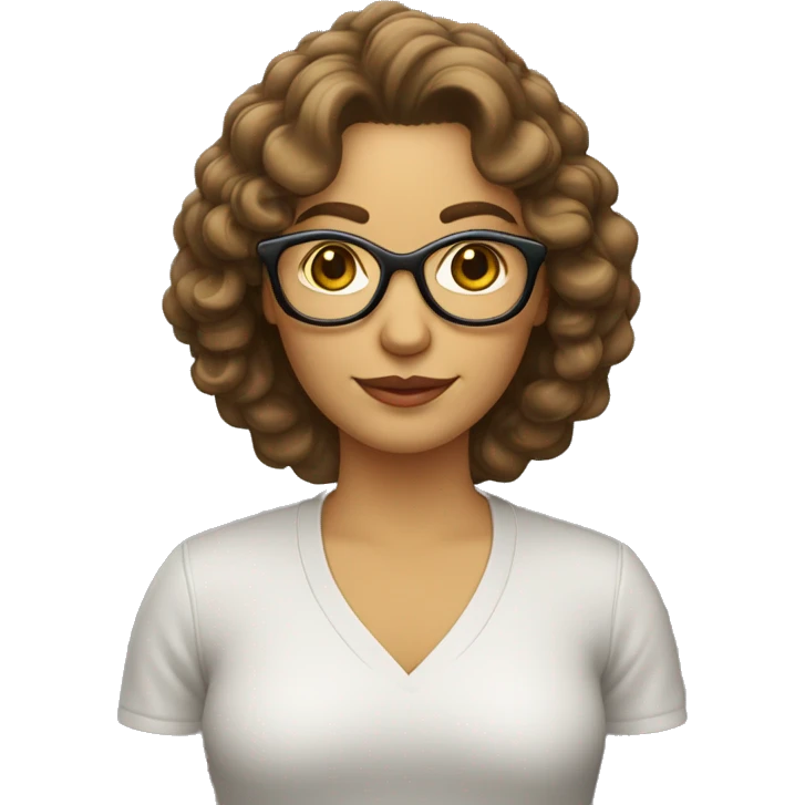 mujer de 40 años, pelo rizado castaño claro por los hombros y con gafas  emoji