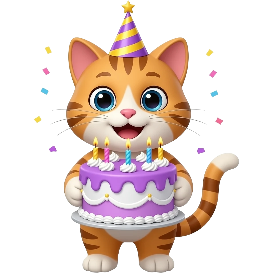 a happy cartoon 3d cat with a birthday hat on holds a big purple 3d bithday cake excessufully decorated with creme and candles on emoji