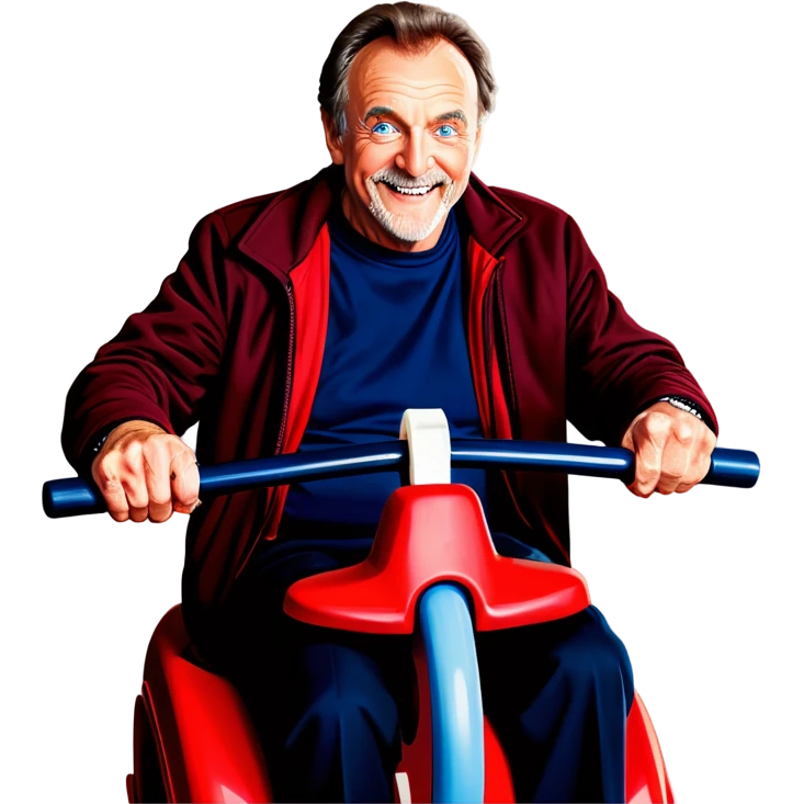 60 year old man with brown hair and blue eyes, pretty fit, no facial hair, riding a red roller coaster emoji