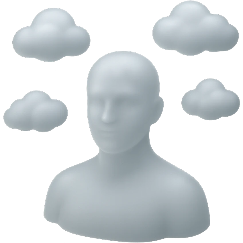 person looking straight, fully made of white fluffy convex clouds, shoulders, matte glass style emoji