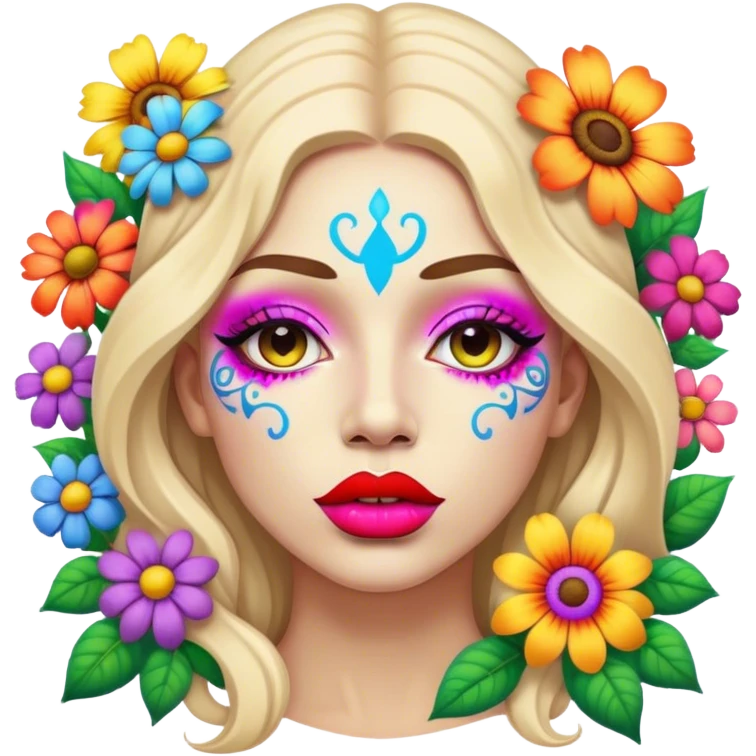 psychedelic colored lips surrounded by hippie style flowers emoji