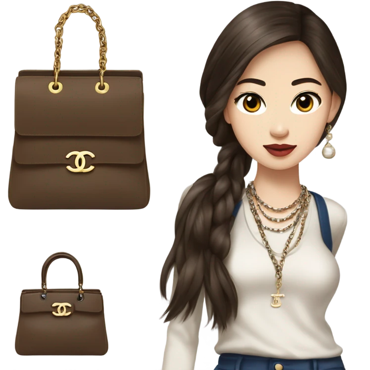 Realistic brown hair blue eyes Chanel Asian Girl with Birkin bag and Chanel necklace emoji