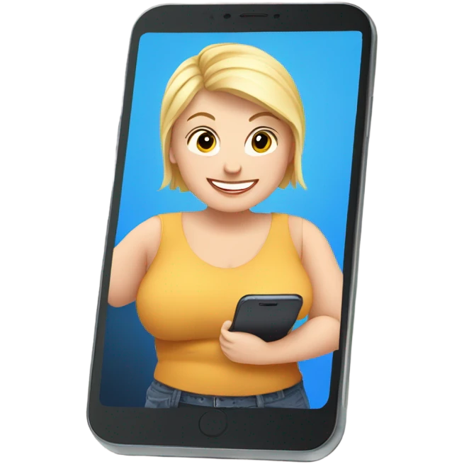 overweight blondie woman happy with a smartphone in hands showing charts emoji