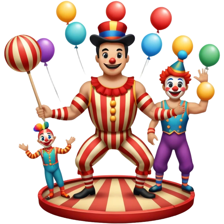 Icon for Circus Arts: a vibrant round circus arena with a strongman in a striped costume,  juggler and a clown performing. The icon should convey the excitement and fun of circus performances, with focus on the performers and the colorful setting. Transparent background. emoji