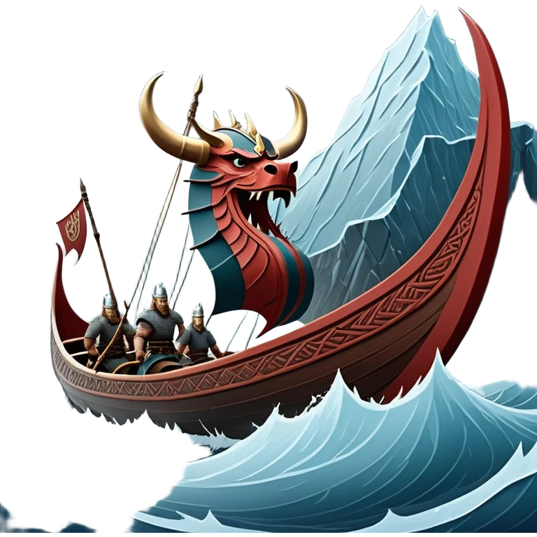 clash-of-clans-aesthetic_-cinematic-viking-longboat, rendered in a flat, bold vector style with minimal shading, featuring a striking dragon-headed prow slicing through icy, churning waters. shields on the side and vikings rowing The longboat’s intricately detailed shields and carved motifs evoke a sense of epic adventure and Nordic might, with billowing sails catching a dramatic, stormy sky backdrop. emoji
