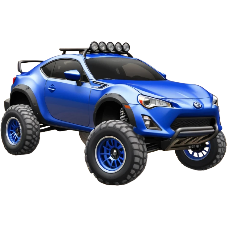 LCG Armored Dirty raced redneck jacked 2013 scion fr-s ultramarine off road 4wd monster Baja dessert stadium rock racer number 86 with long travel suspension, shiny silver wheels, exaggerated wide black fender flares and trailer  emoji