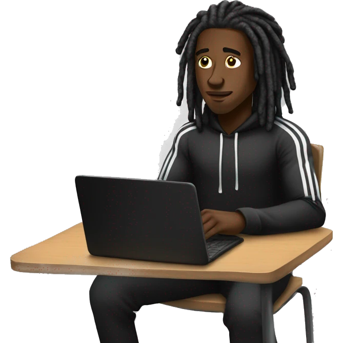 Black-guy-with-dreads-wearing-black-trackstuit-sitting-down-on-chair facing-foward-focused-on-laptop-computer- emoji