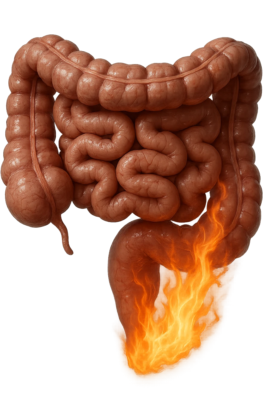 intestino umano anatomico realistico con fiamma, iperrealistico, non disegnato emoji