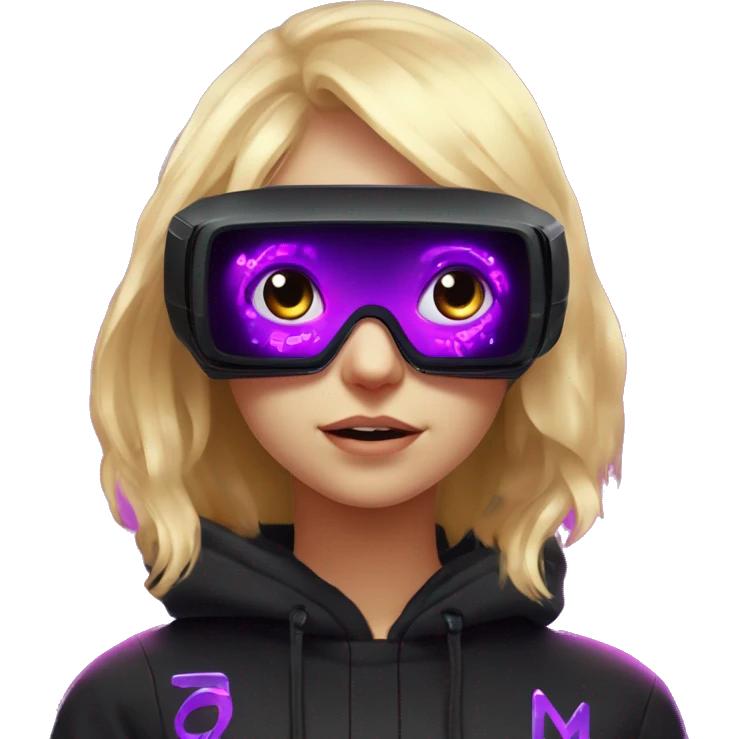 Russian cute blond student girl wearing black hoody with violet letters "OMG", in vr headset. No eyes. Cyberpunk style. Violet neon. emoji