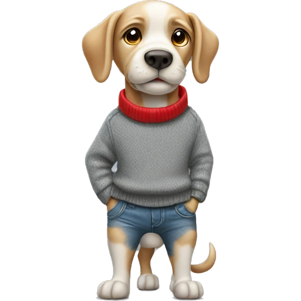 Dog in a grey jumper with his hands in his pockets with jeans and red shoes emoji