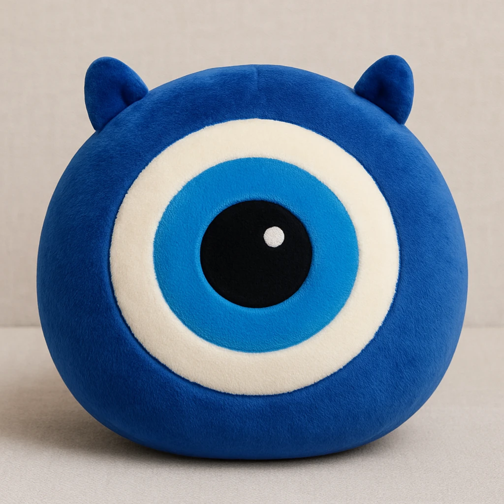 Evil eye 🧿 as a soft round plushie pillow squishmallow emoji