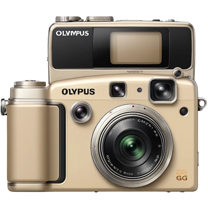 Olympus Superzoom 70G camera, beige color, vintage compact point and shoot camera with distinctive rectangular body, small viewfinder, protruding flash unit on top, and the exact silhouette of Olympus Superzoom 70G with its characteristic shape emoji