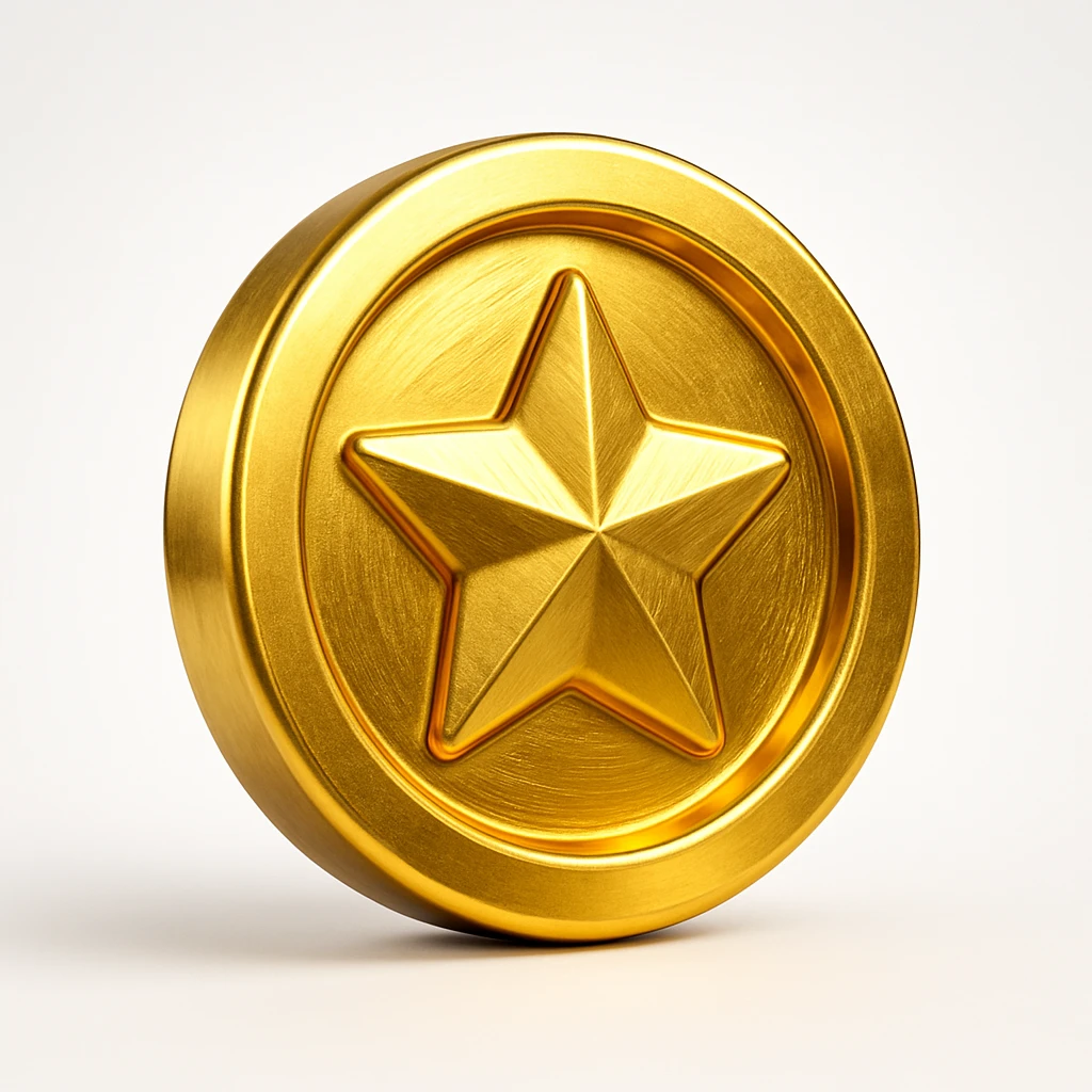shiny gold coin with a star in the center, sparkling, symbolizing a weekly bonus, fun and celebratory style emoji