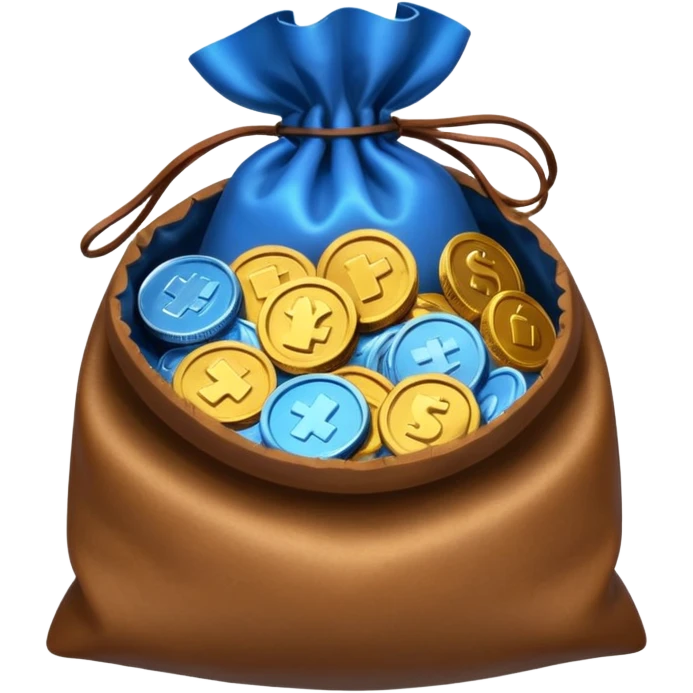 blue coins inside an opened brown money bag  emoji