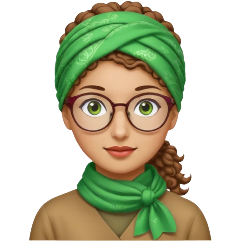 iranian woman, tight curly light brown hair in pony tail, glasses, green eyes, pretty, oval shape face emoji