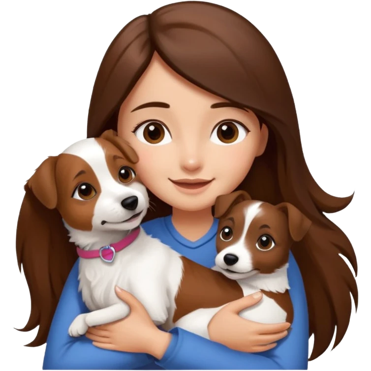 a girl and her dog, one little jack russell coloured dark brown and white. She hugs it. She has long hair.  emoji