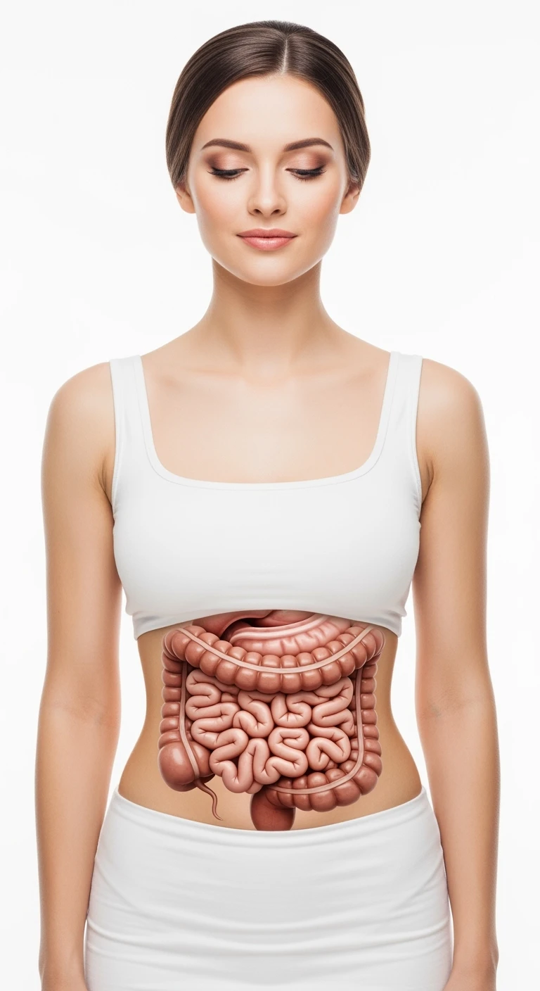 DONNA serena CON INTESTINO UMANO ANATOMICO VISIBILE, ISOLATO SU SFONDO BIANCO emoji