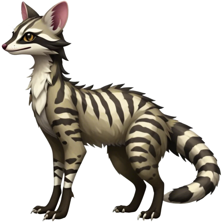 Feral Rare Fantasy dark tropical Vernid-Sergal-Genet-Trico-species by LiLaiRa, random markings, tufted tail, tufted ears, full body emoji