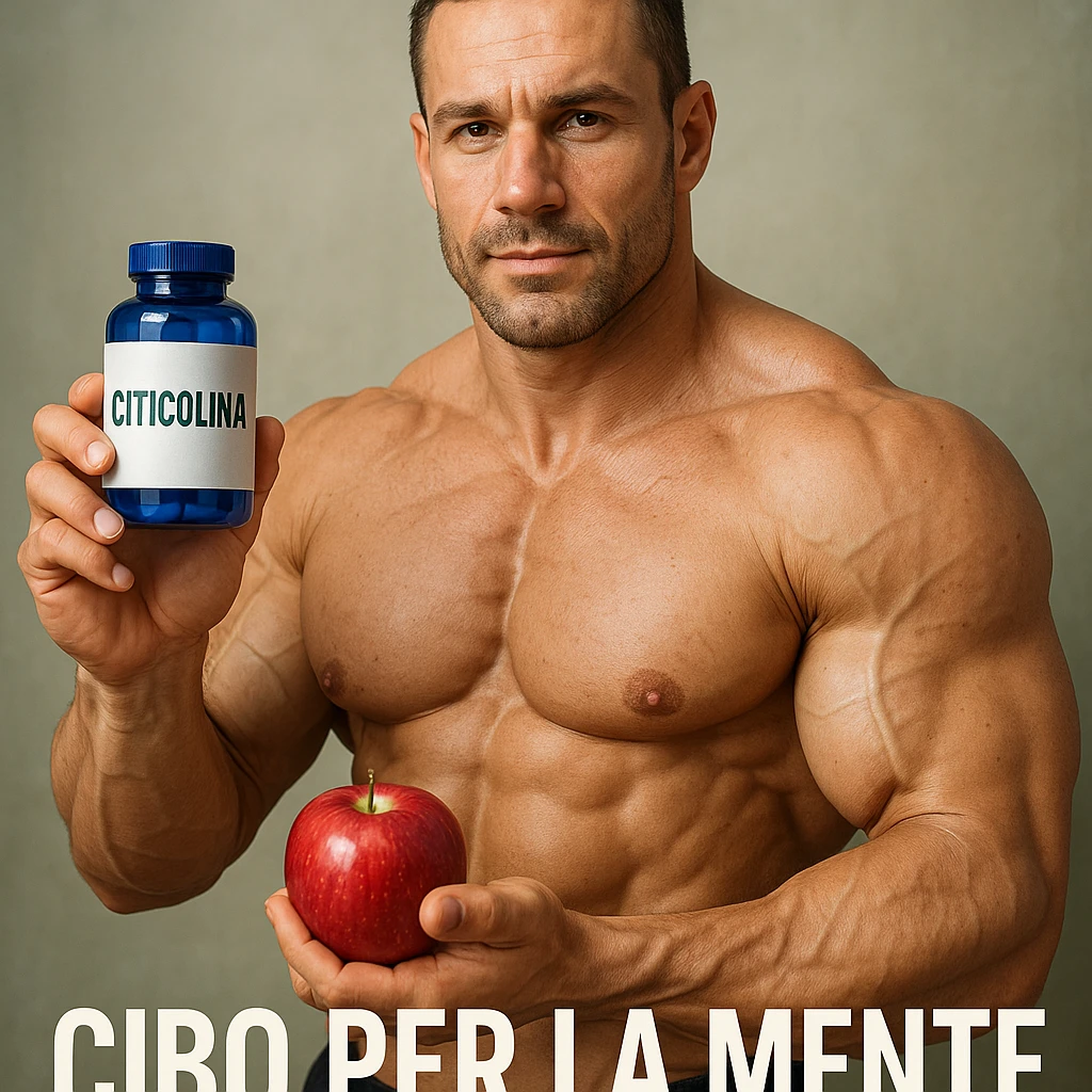 hyper realistic bodybuilder holding Citicolina and red apple, sculpted muscles, blue bottle and red apple, text 'Cibo per la mente', healthy atmosphere, realistic details emoji