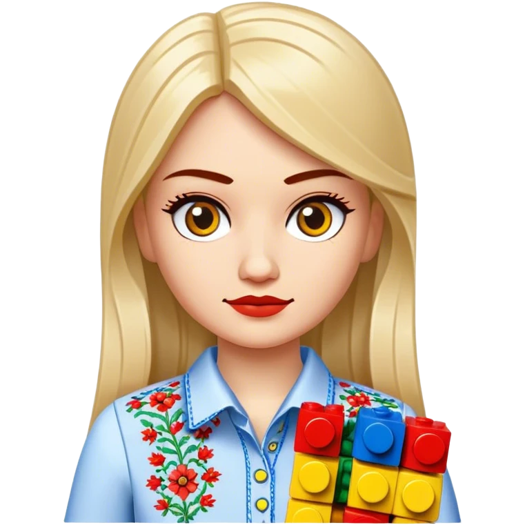 A Ukrainian girl in an embroidered shirt holds Lego bricks emoji