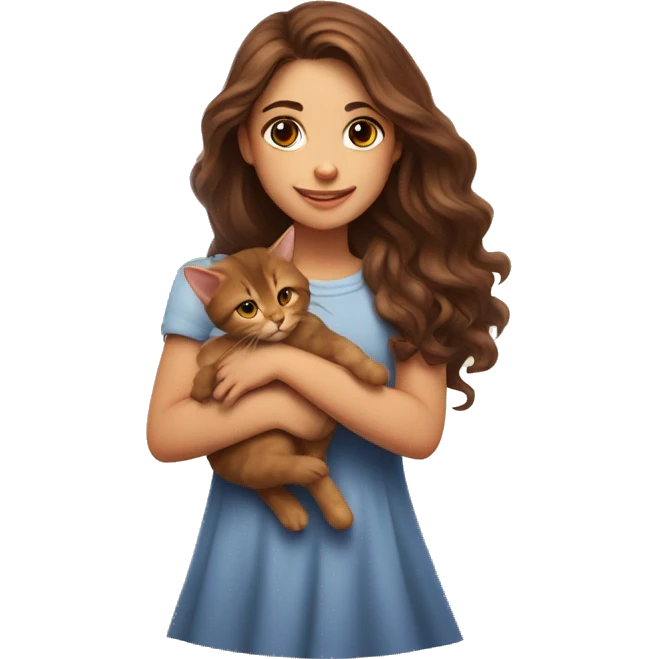 A girl with long wavy brown hair and brown eyes holds a small red kitten emoji