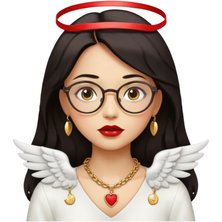 Angel girl with eyeglasses and Middle parted hair long dark hair with red lipstick  and push gold necklaces and dark eyes with withe wings emoji