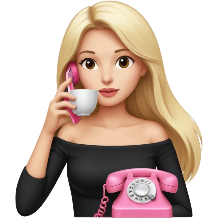 woman with straight long blond hair, gossiping on a pink analogue phone, holding a tea cup, wearing an off-shoulder black top, red face emoji