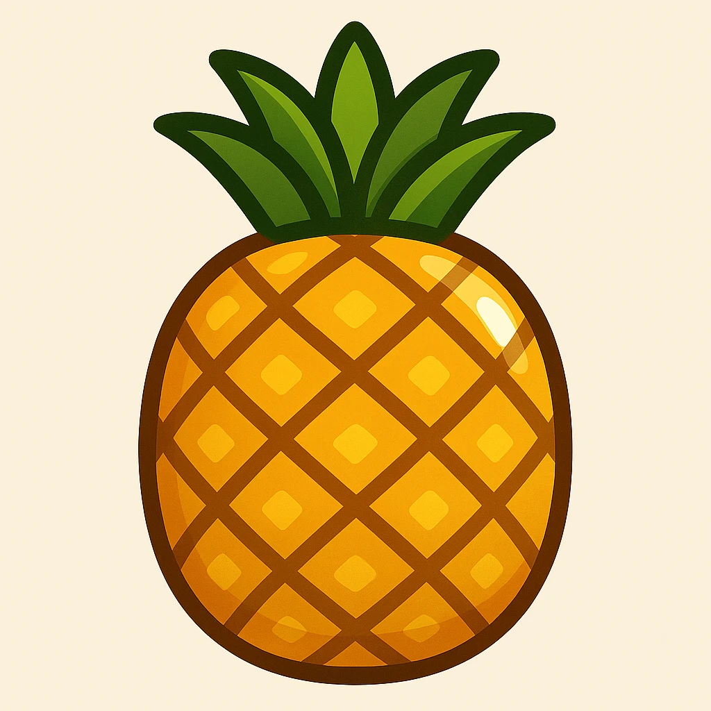 Create a pineapple emoji in a flat toon style with flat, simple shapes, soft shading, bold outlines, a friendly emoji look, and add a glossy effect to the surface, closely matching the reference image. emoji